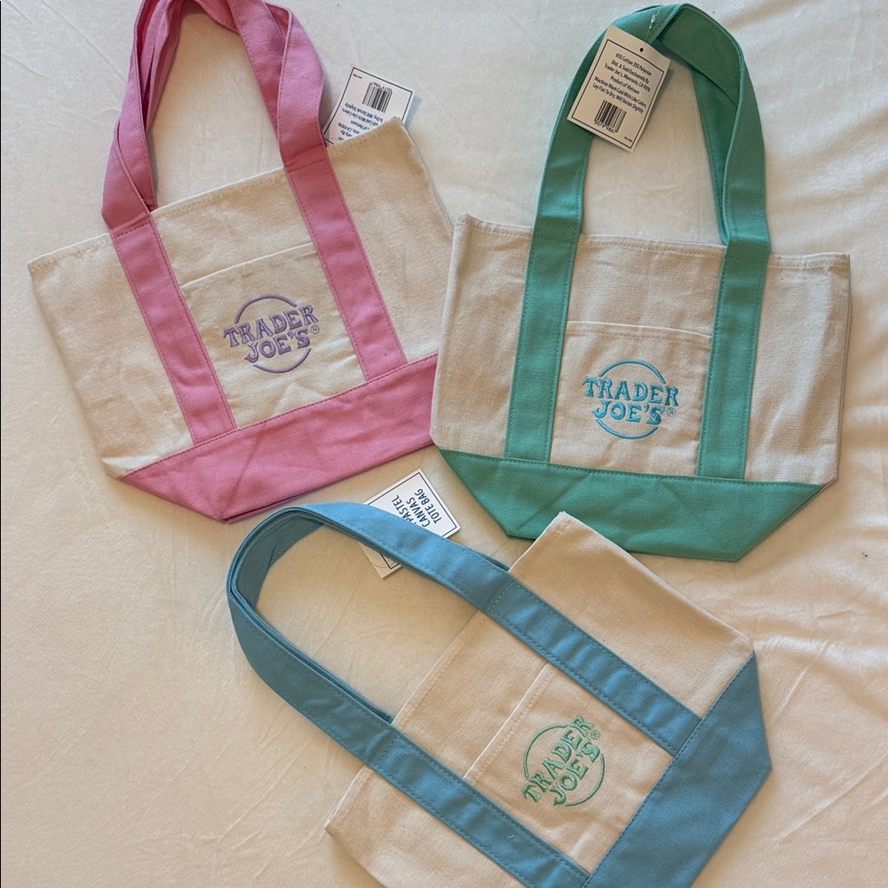 Trader Joe’s Mini Canvas Tote Set 3 Pink Blue Green NWT Viral Pastel Bags
